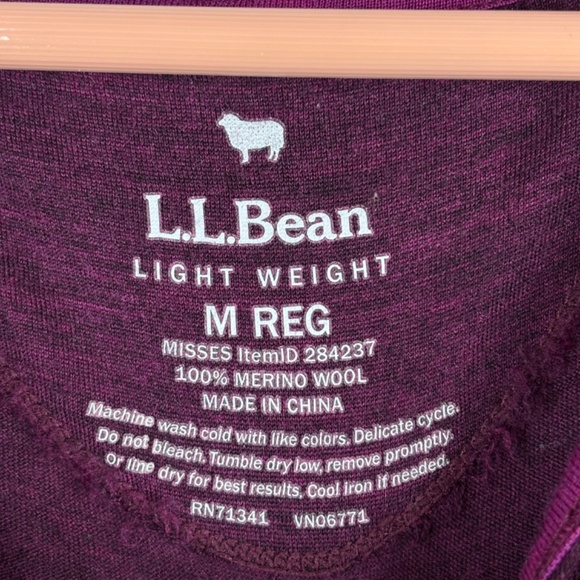 LL Bean 100% Merino Wool Base Layer M Henley Top Elbow Patch Purple Long Sleeve - Picture 5 of 9